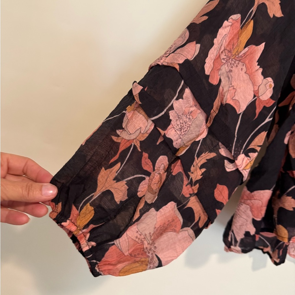 Fate Black Floral Long Balloon Sleeve Boho Blouse, Size Medium - Picture 4 of 7